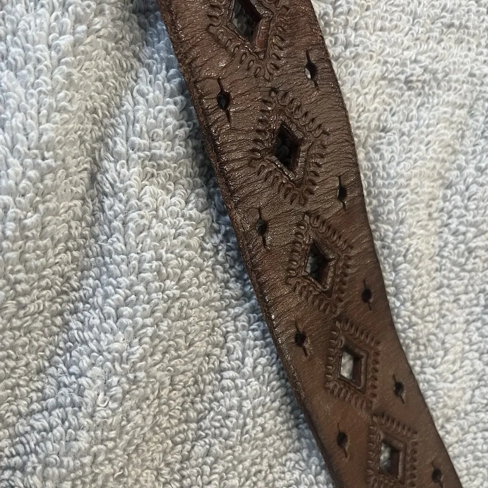 Fossil Brown Leather Laser Diamond Cut Belt Western Boho Large Hippie Unisex